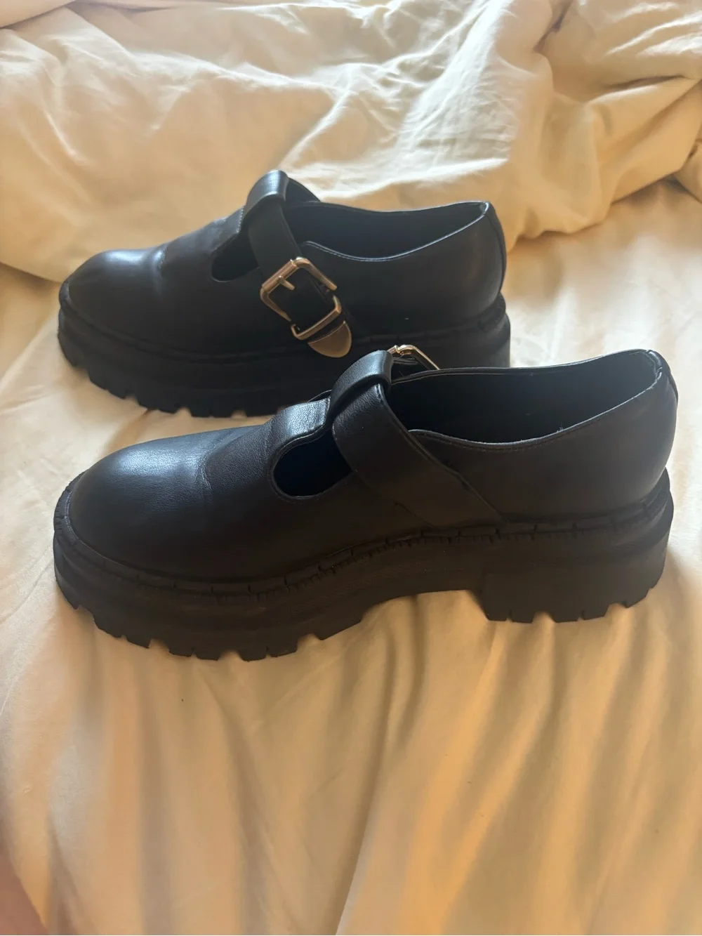 Steve Madden Black Mary Jane Lug Sole Loafer with Gold Buckle